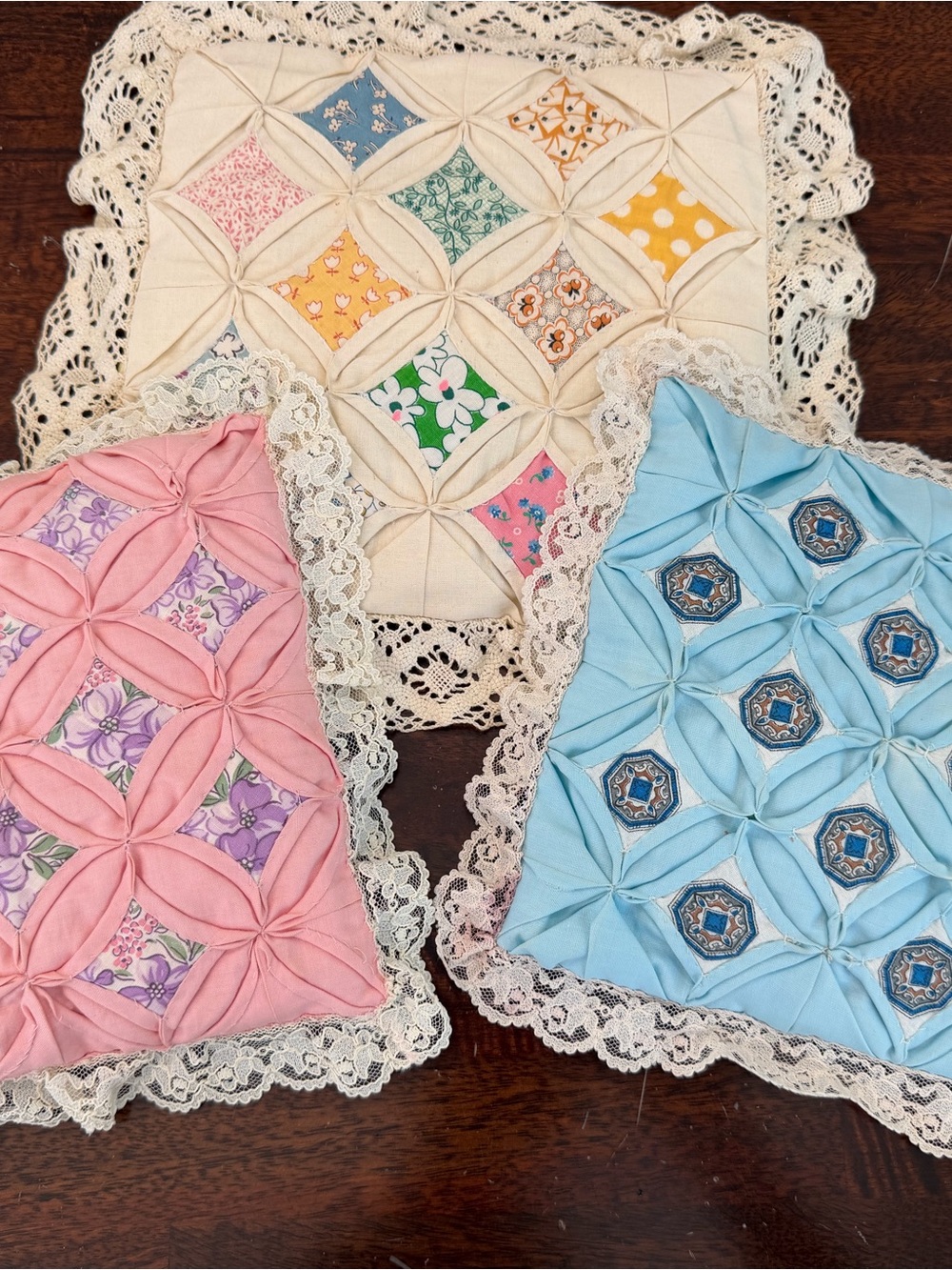 Vintage cathedral‎ window quilted W/ lace pillow set of 3 11”x11”, 9”x9” cottage